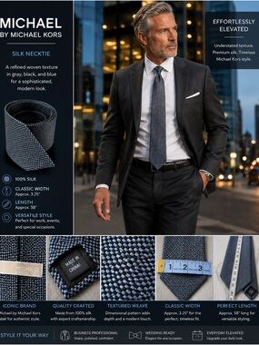 Michael by Michael Kors 100% Silk Tie Gray Blue Black Textured Woven Mens